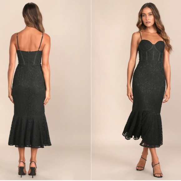 LULU's Floral Bustier Sexy Lace Hoco Wedding Chic Floral Mermaid Midi Dress - Picture 1 of 6